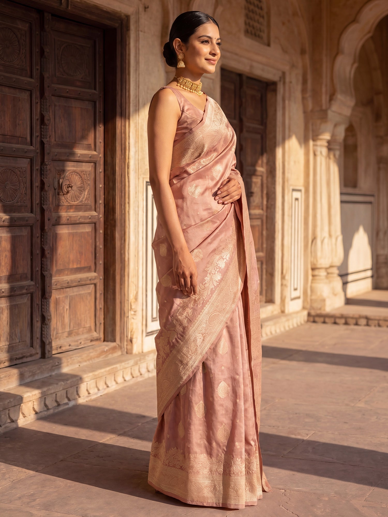 Rose Gold Pink Banarasi Tissue Silk Metallic Zari Border Royal Appeal Saree - Ressa