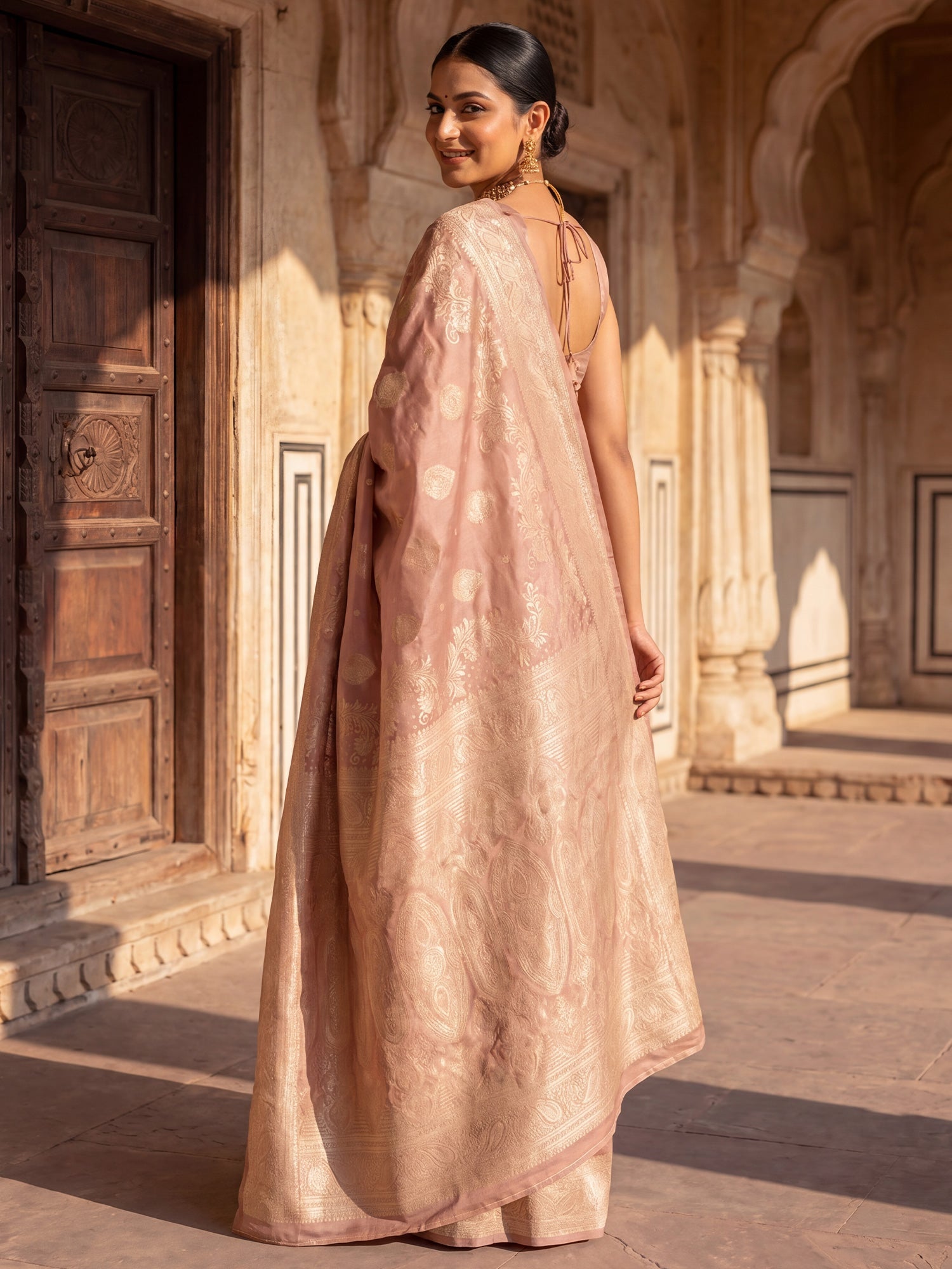 Rose Gold Pink Banarasi Tissue Silk Metallic Zari Border Royal Appeal Saree - Ressa