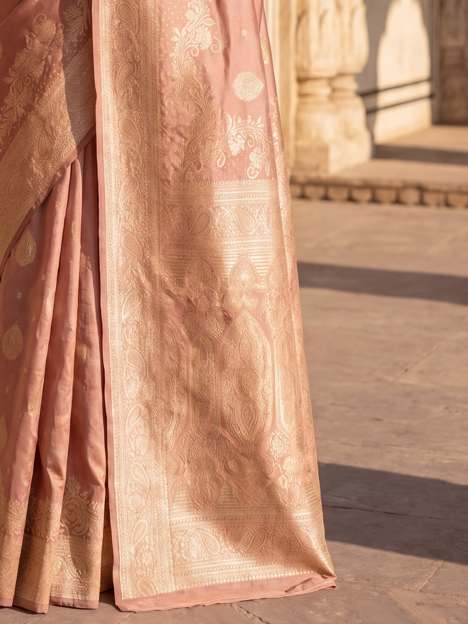 Rose Gold Pink Banarasi Tissue Silk Metallic Zari Border Royal Appeal Saree - Ressa