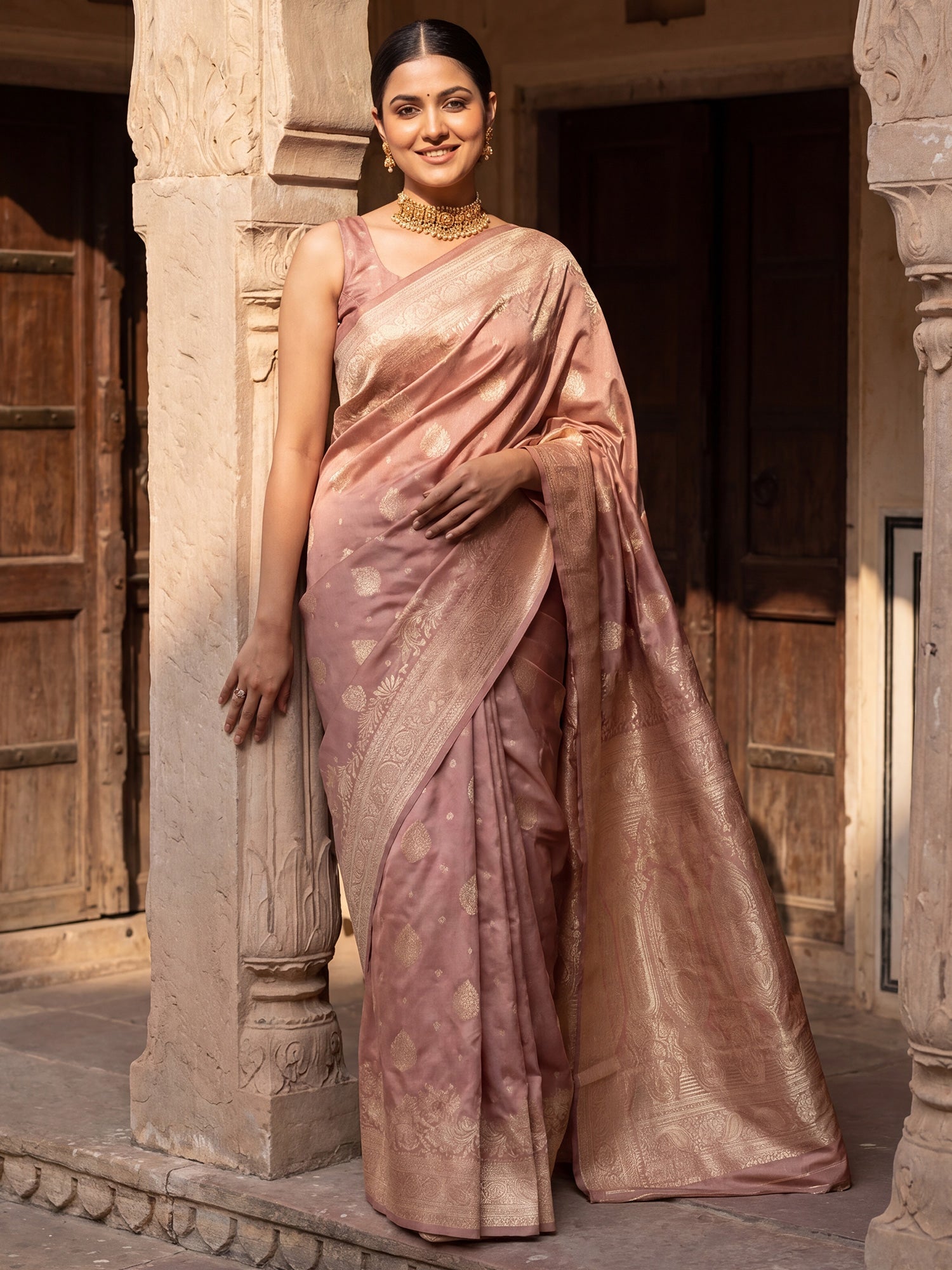 Rose Gold Pink Banarasi Tissue Silk Metallic Zari Border Royal Appeal Saree - Ressa
