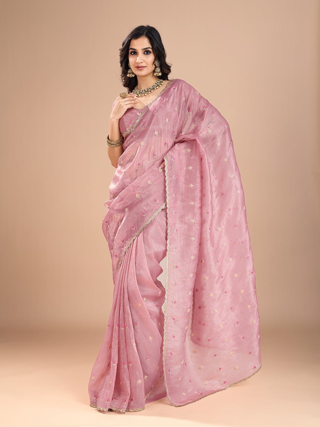 Rose Pink Embroidered Organza Saree - Ressa