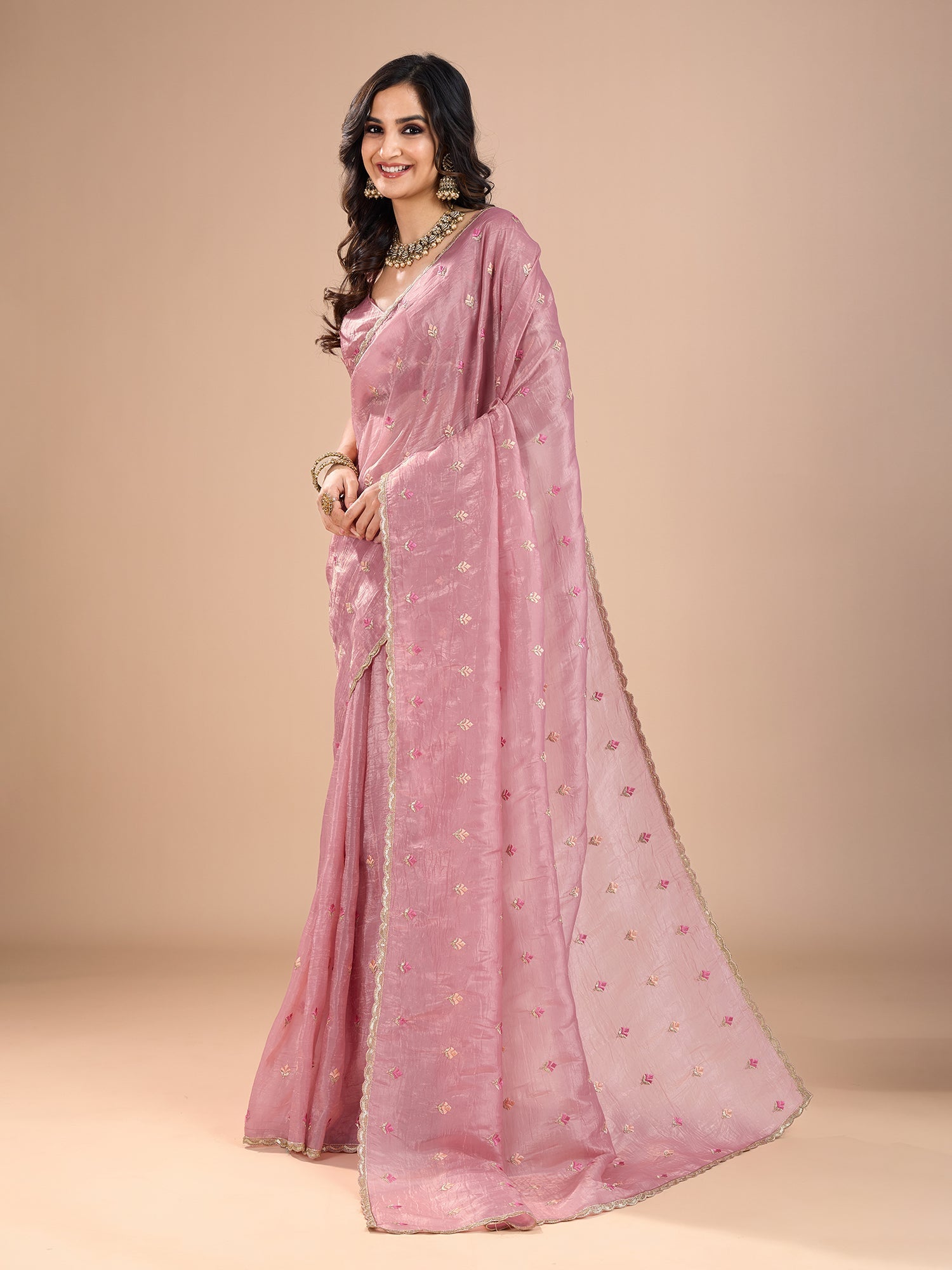 Rose Pink Embroidered Organza Saree - Ressa