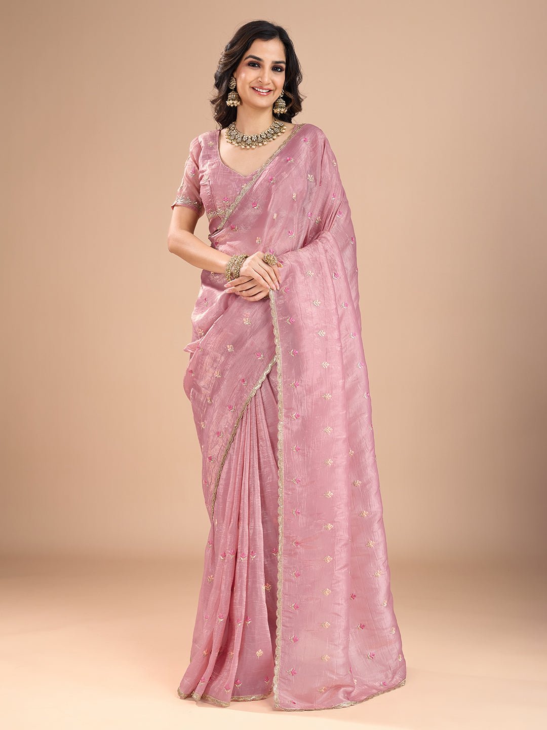 Rose Pink Embroidered Organza Saree - Ressa