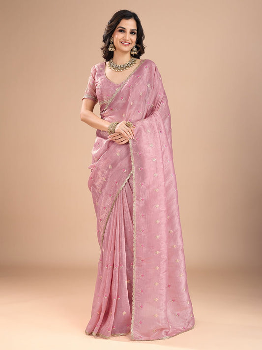 Rose Pink Embroidered Organza Saree - Ressa