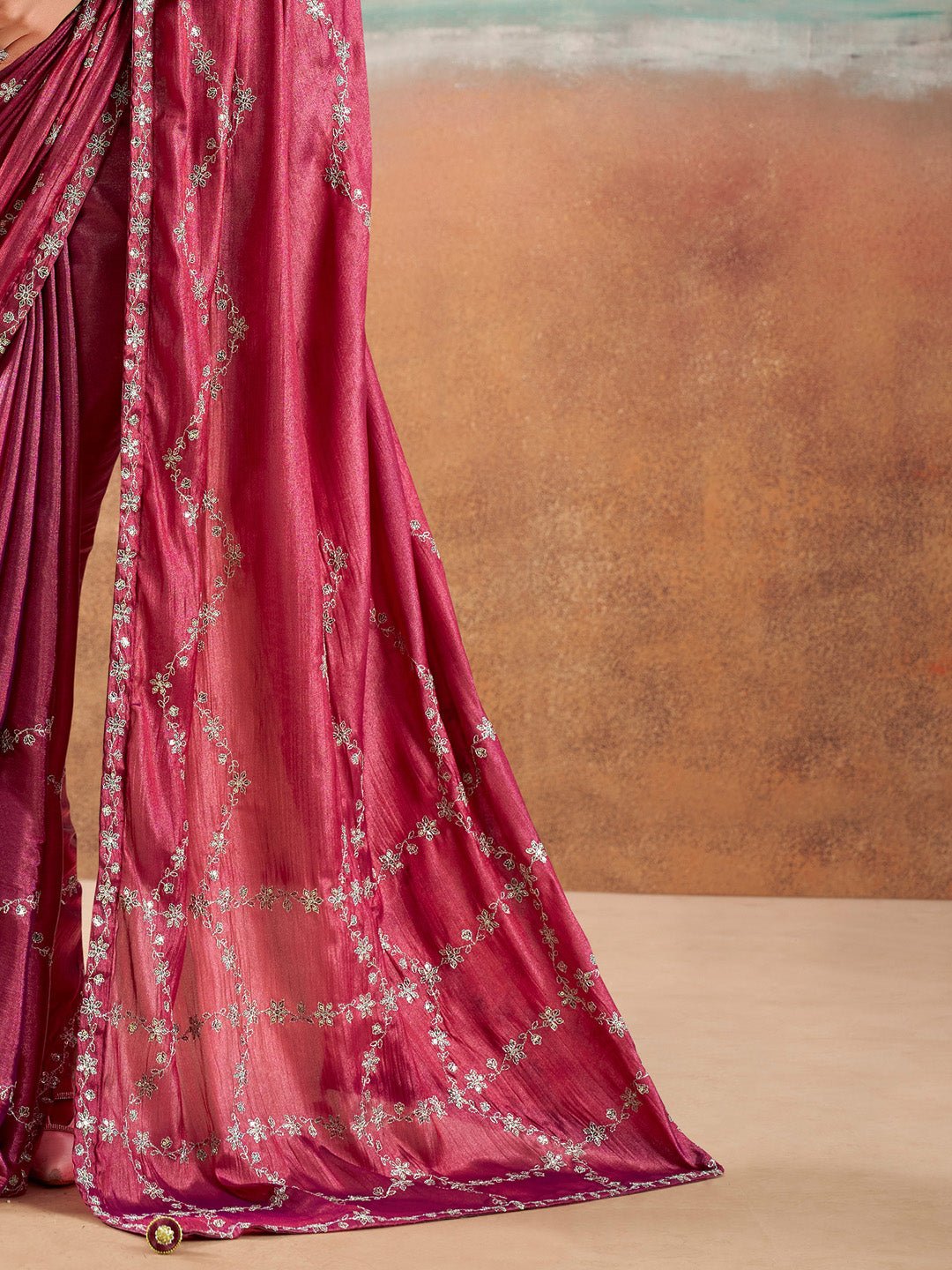 Rose Pink Embroidered Silk Saree with Stitched Blouse - Ressa