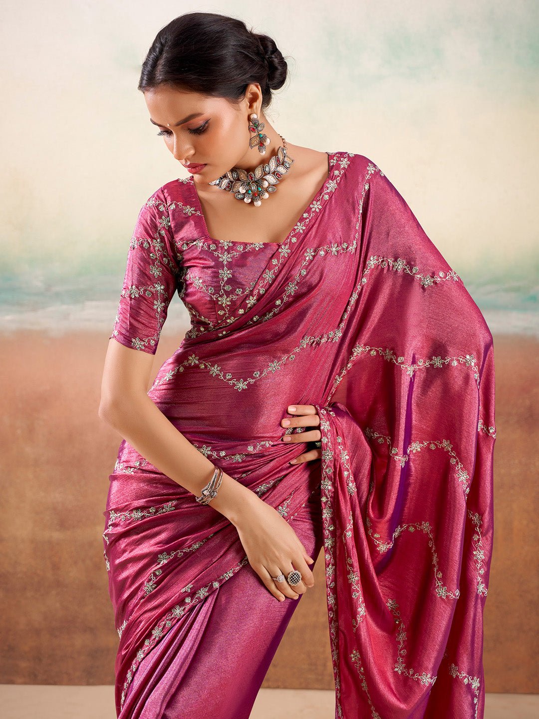 Rose Pink Embroidered Silk Saree with Stitched Blouse - Ressa