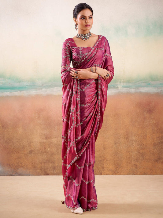 Rose Pink Embroidered Silk Saree with Stitched Blouse - Ressa