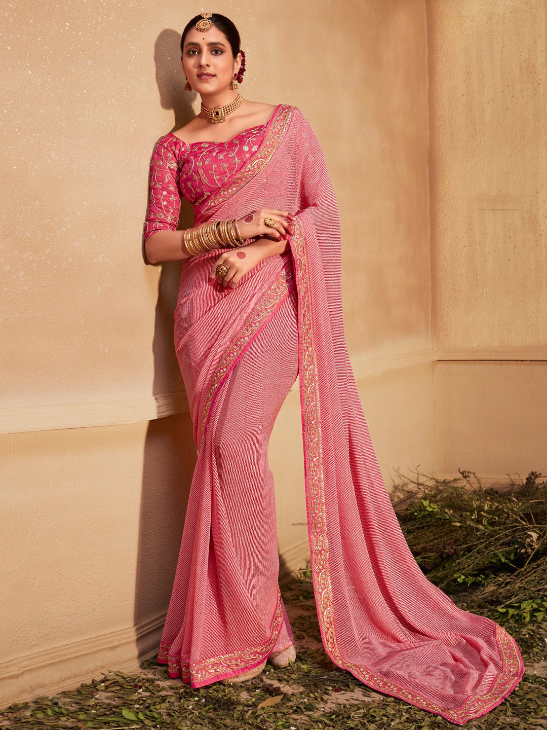 Rose Pink Striped Georgette Saree - Ressa