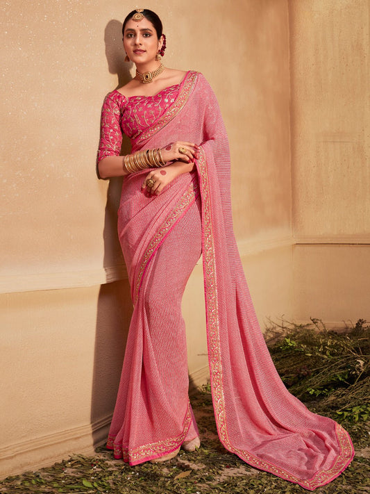 Rose Pink Striped Georgette Saree - Ressa