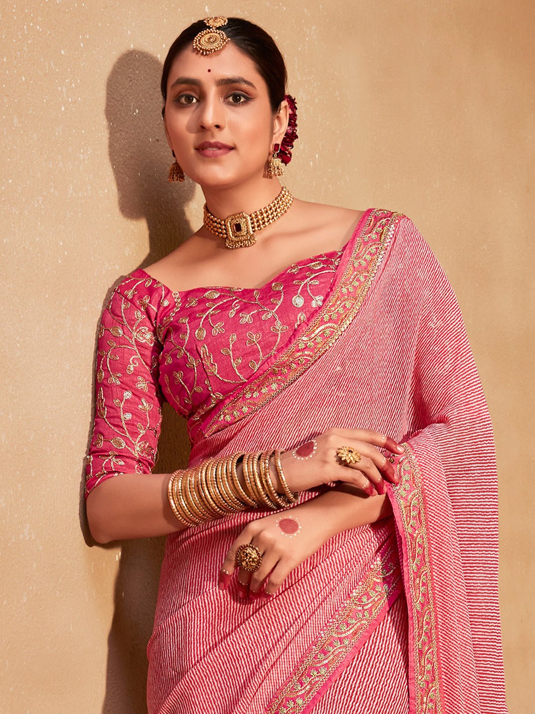 Rose Pink Striped Georgette Saree - Ressa