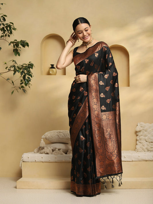 Royal Black Banarasi Silk Blend Saree - Ressa