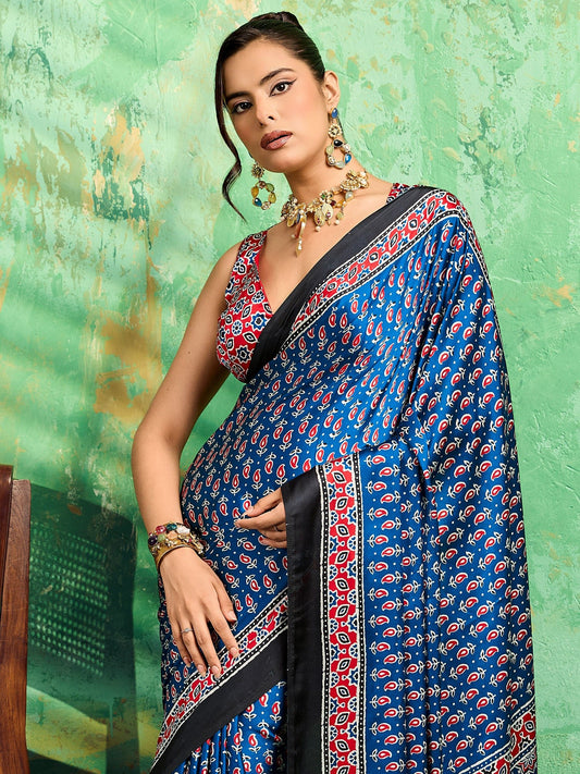Royal Blue Ajrakh Block Print Satin Saree - Ressa