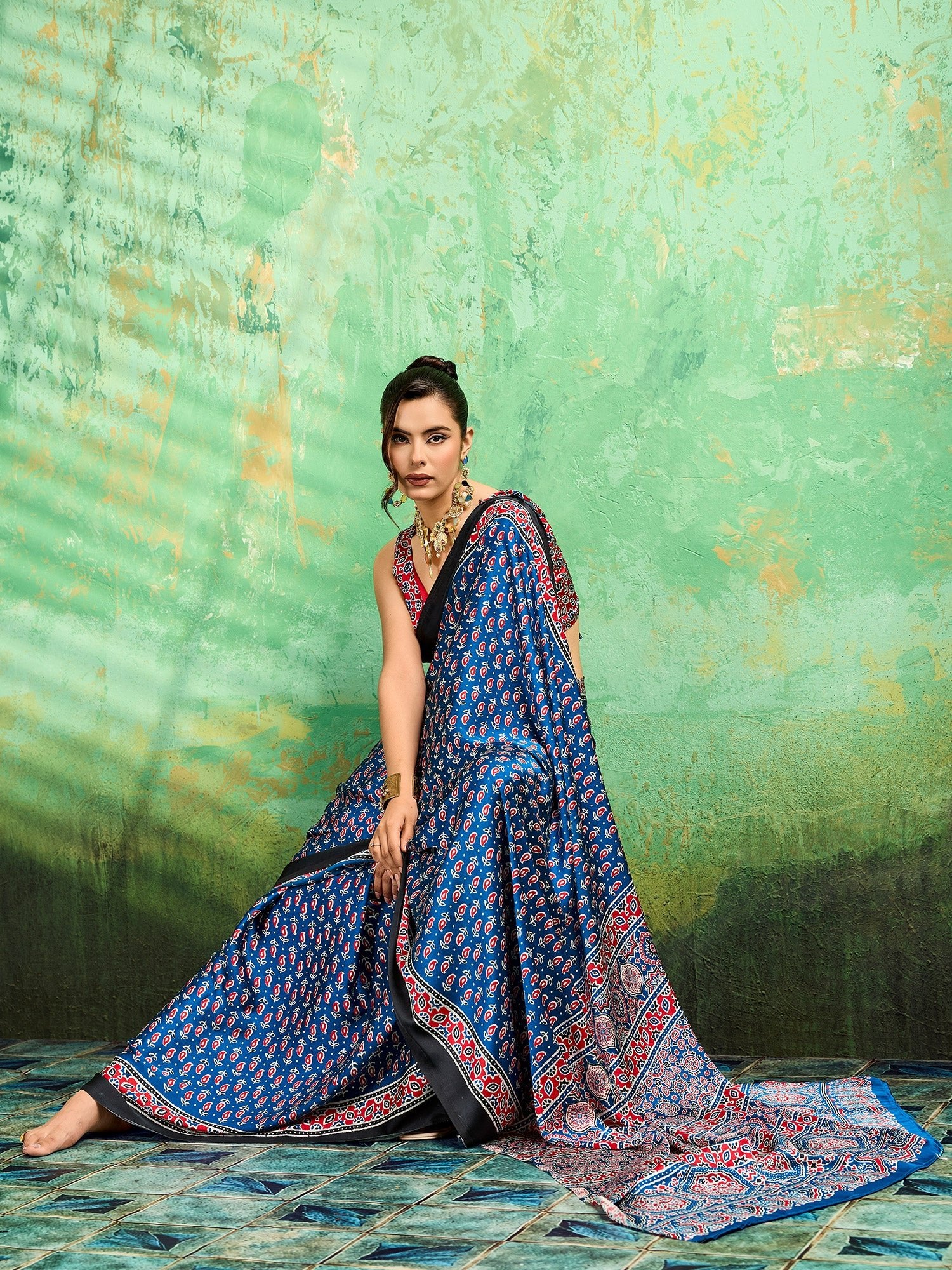 Royal Blue Ajrakh Block Print Satin Saree - Ressa