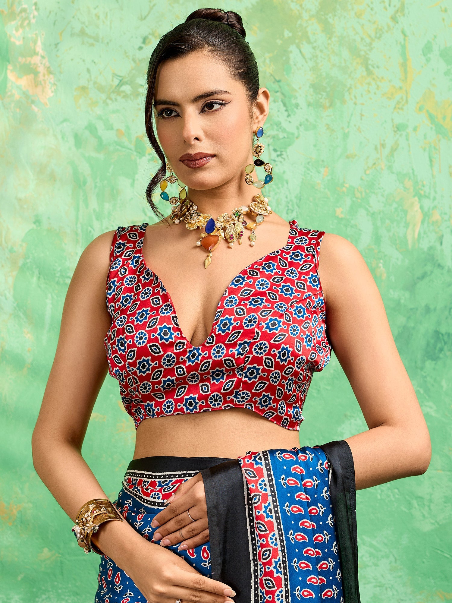 Royal Blue Ajrakh Block Print Satin Saree - Ressa