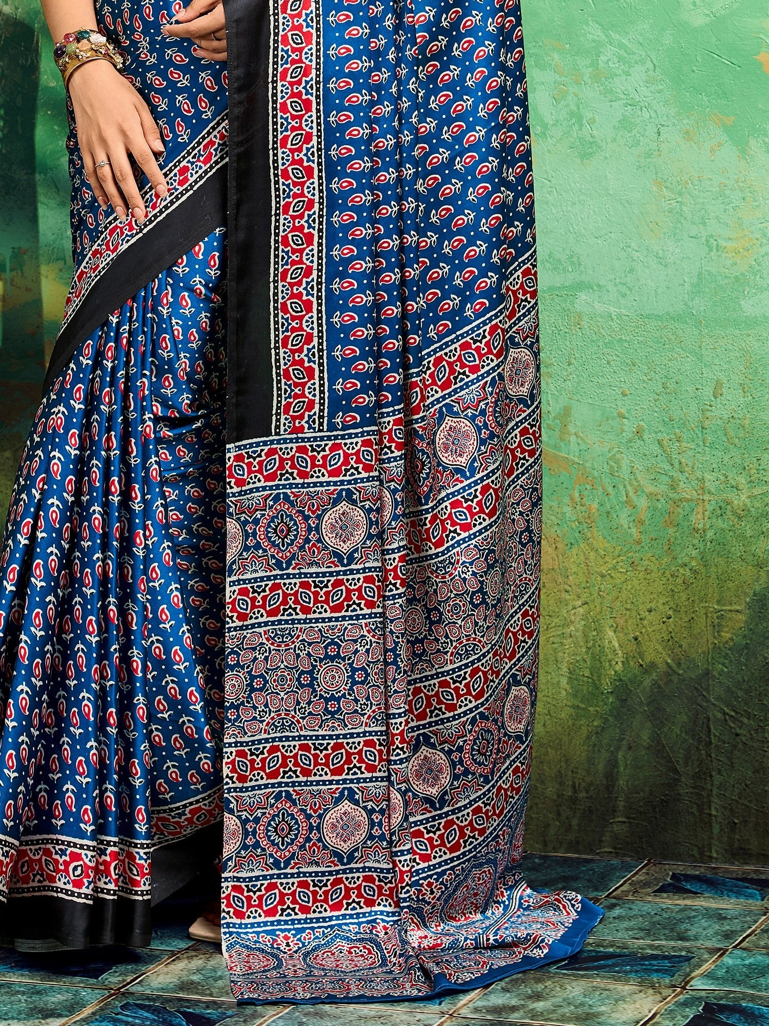 Royal Blue Ajrakh Block Print Satin Saree - Ressa