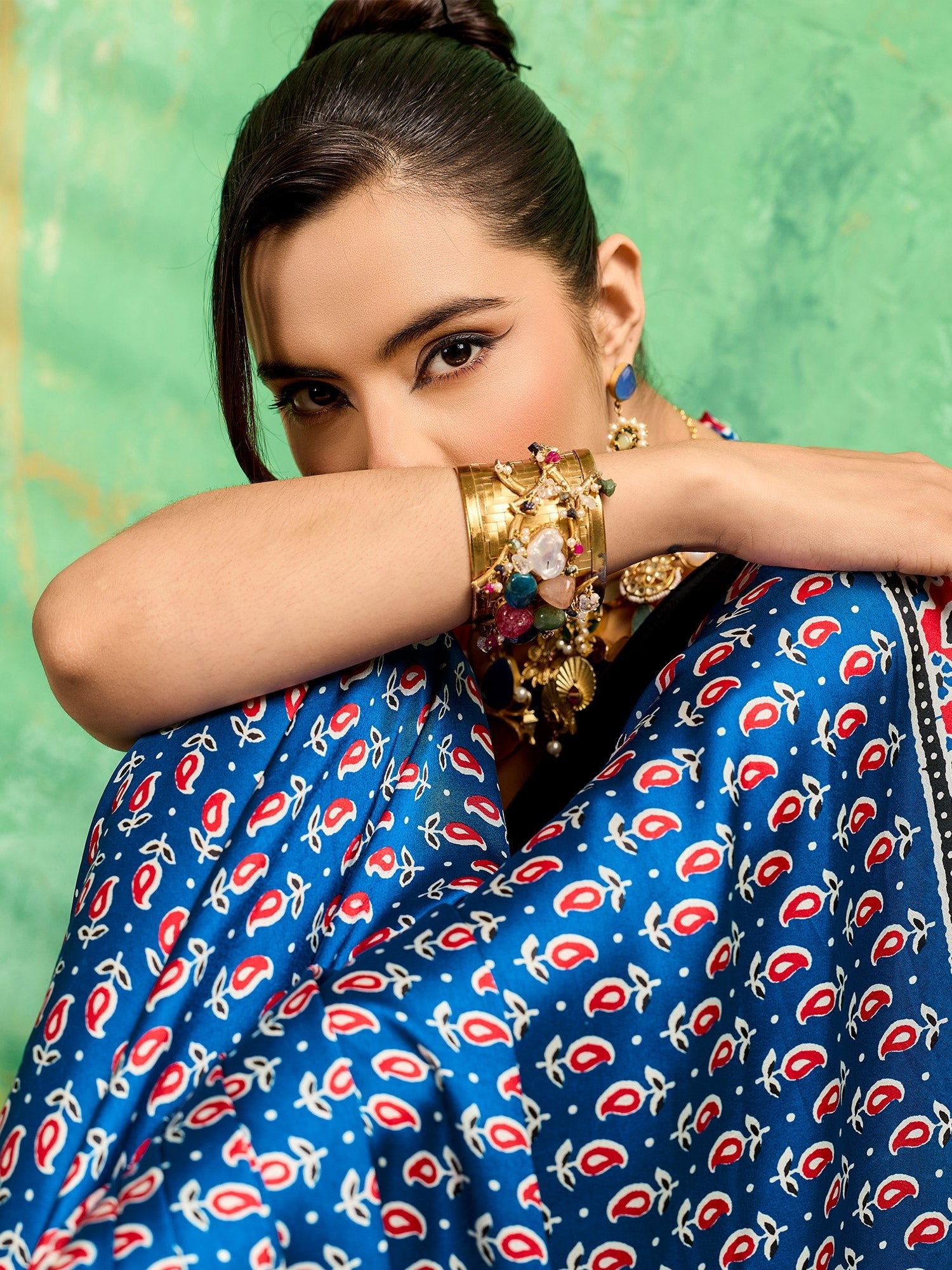 Royal Blue Ajrakh Block Print Satin Saree - Ressa