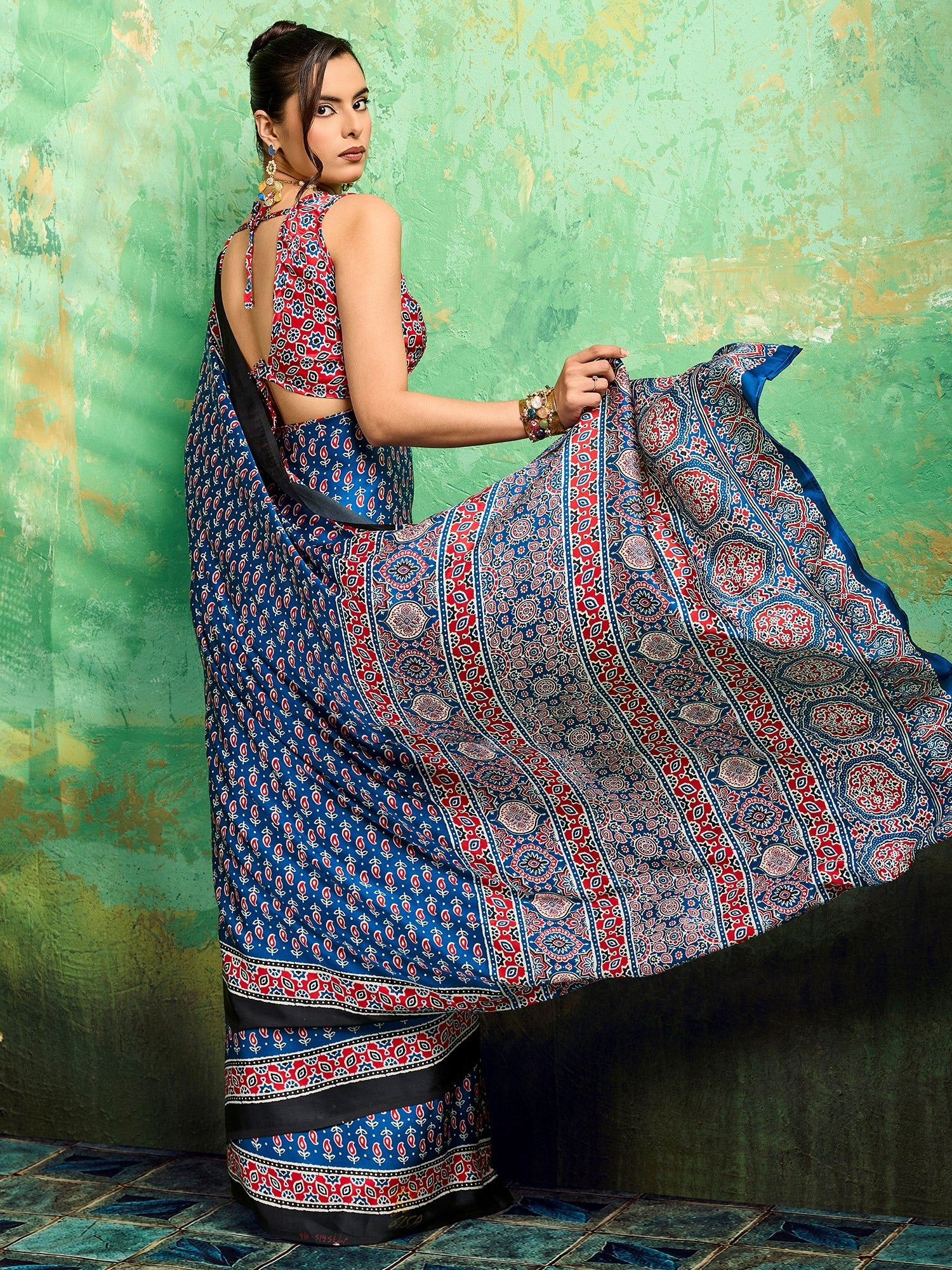 Royal Blue Ajrakh Block Print Satin Saree - Ressa