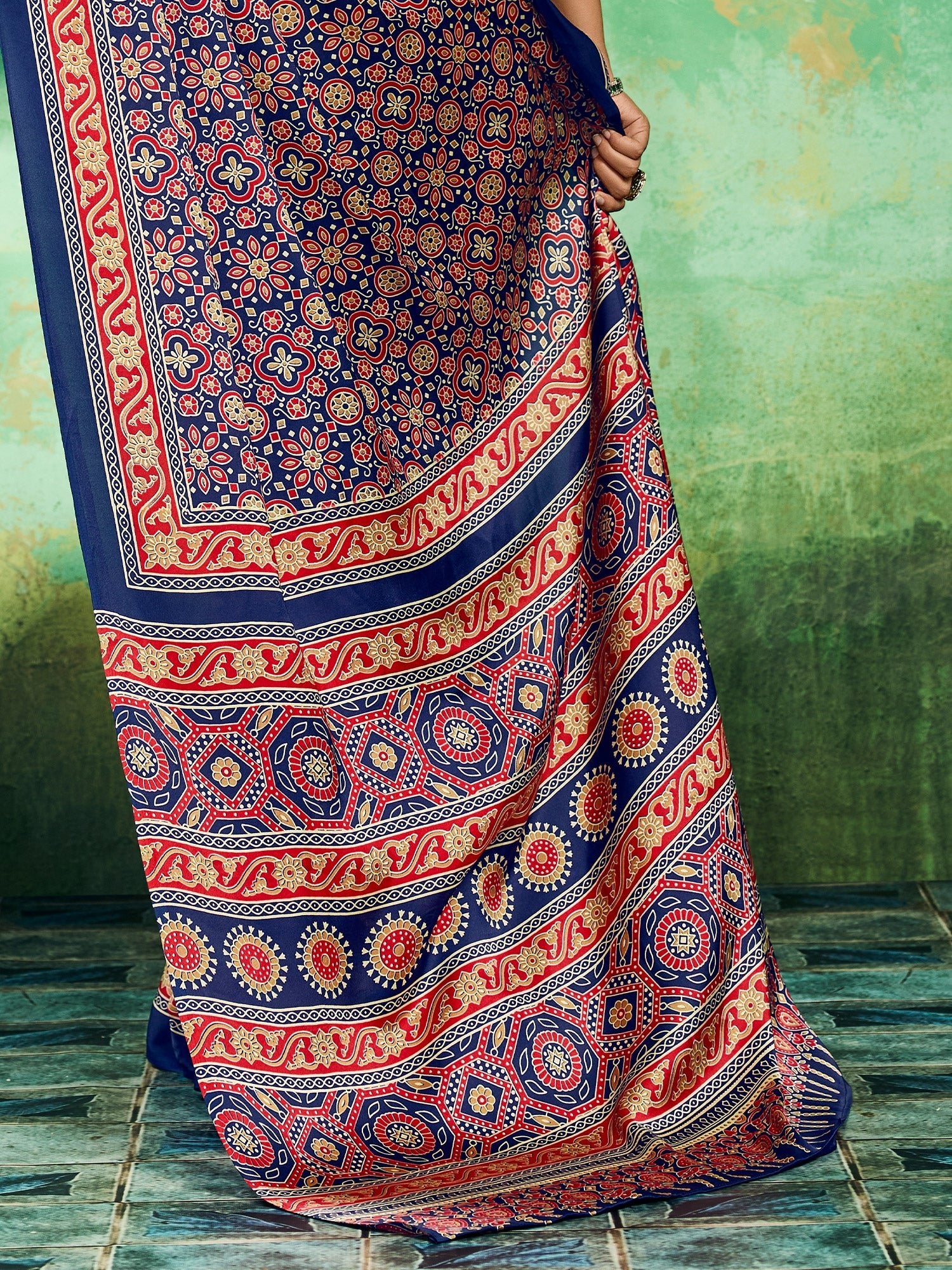 Royal Blue Ajrakh Bolck Print Saree - Ressa