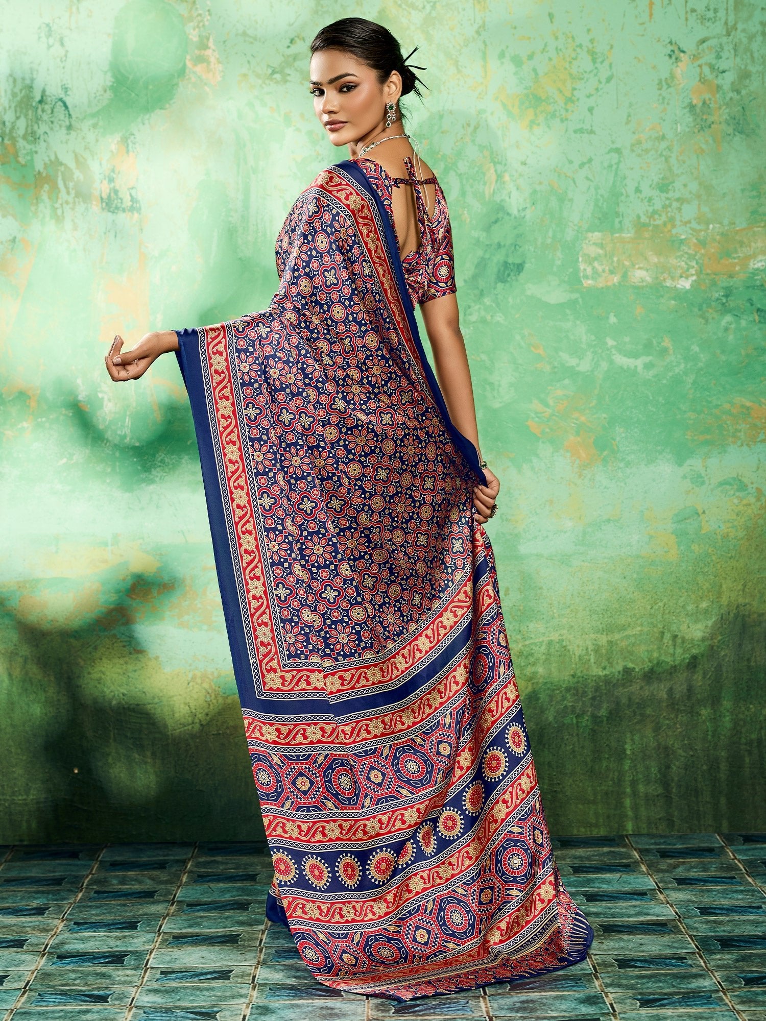Royal Blue Ajrakh Bolck Print Saree - Ressa