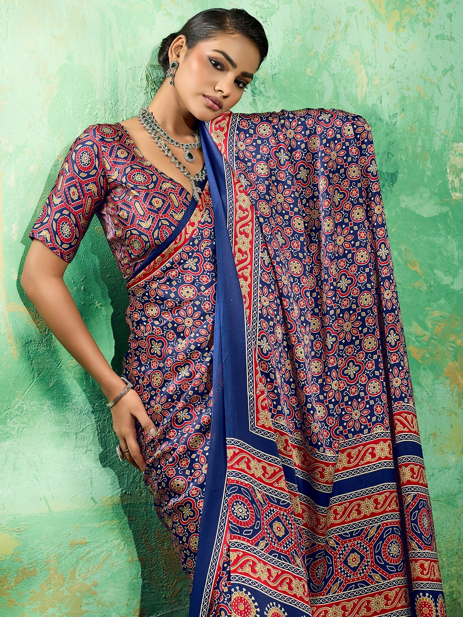 Royal Blue Ajrakh Bolck Print Saree - Ressa