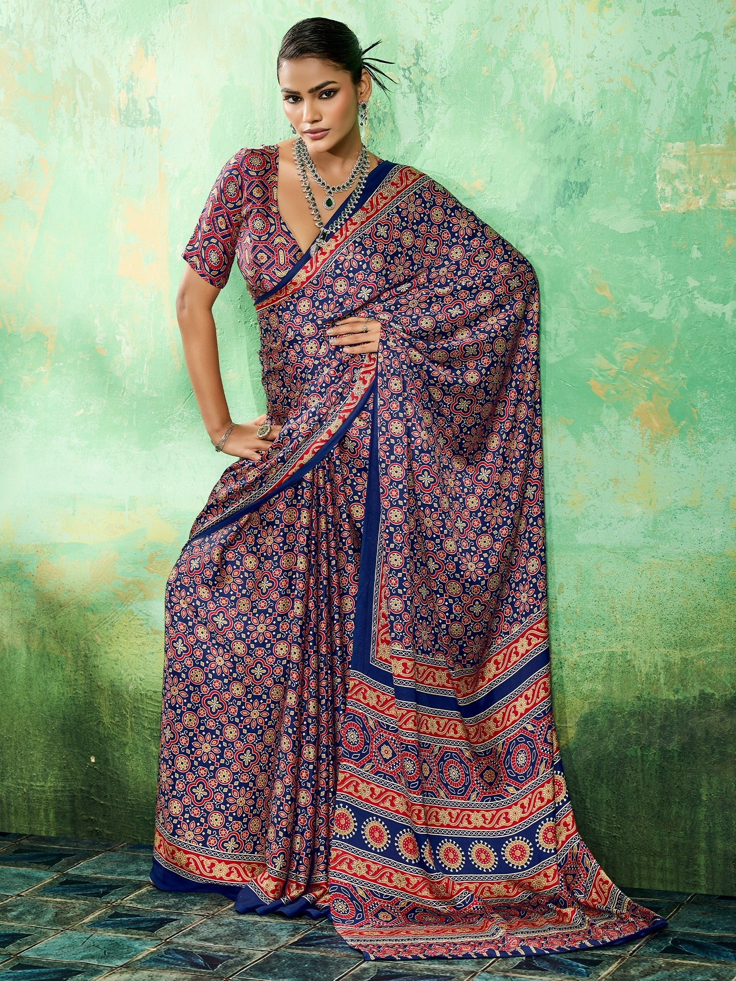 Royal Blue Ajrakh Bolck Print Saree - Ressa