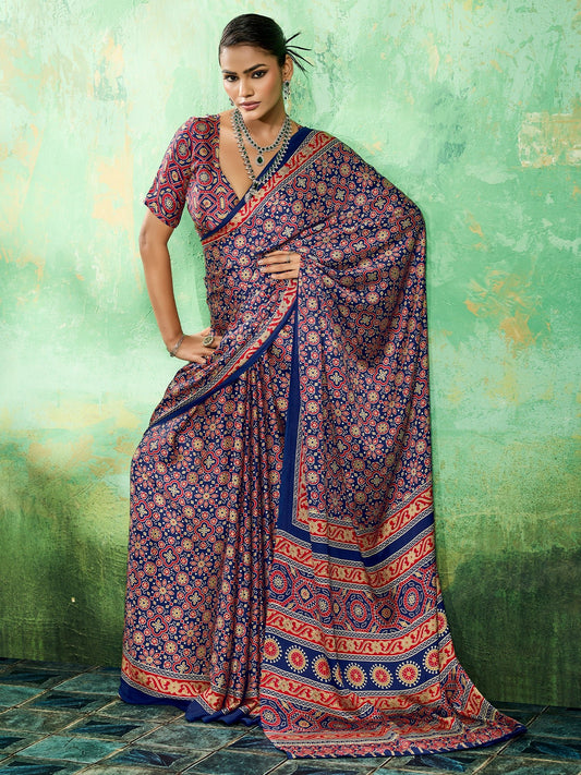 Royal Blue Ajrakh Bolck Print Saree - Ressa