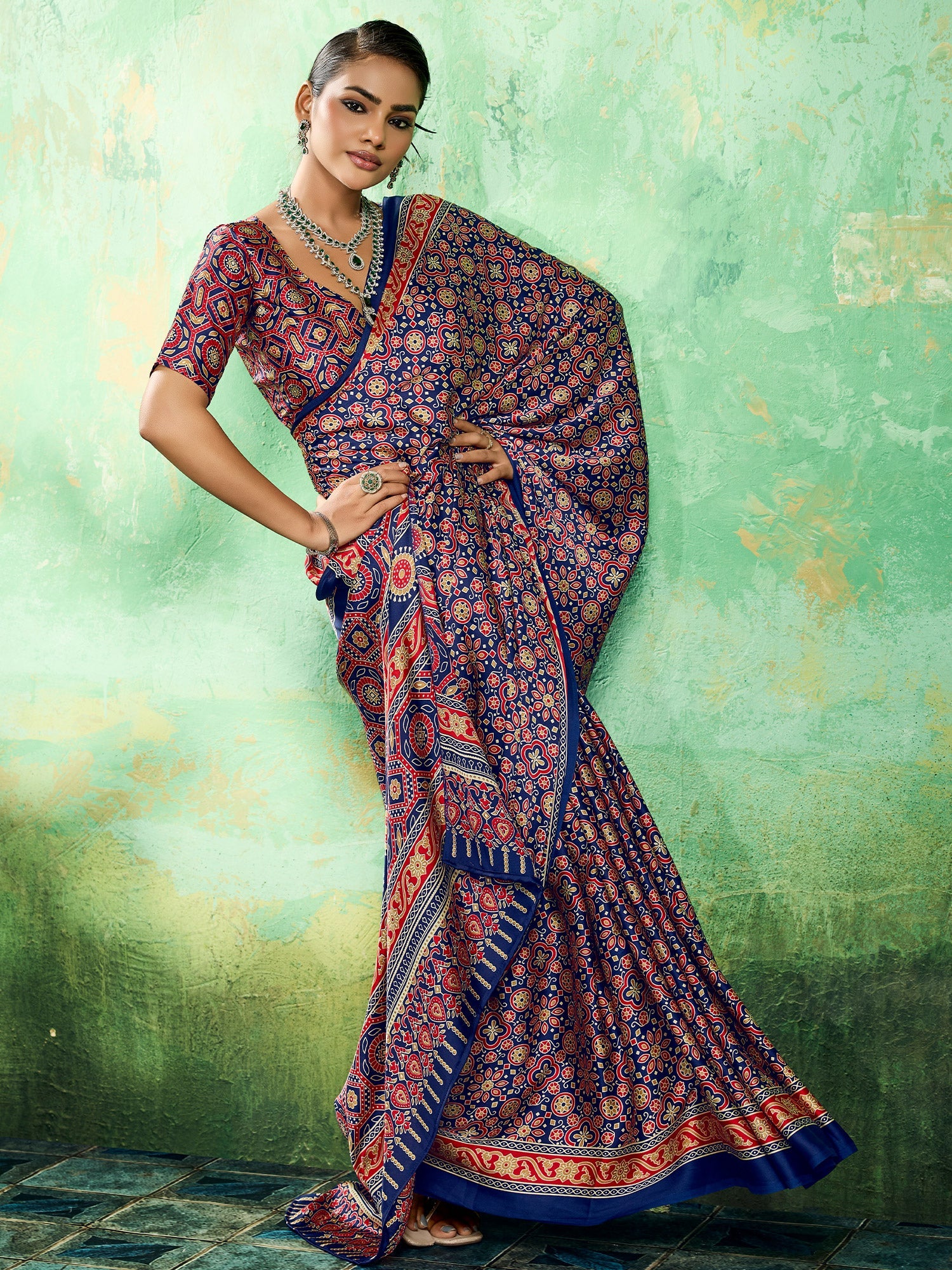 Royal Blue Ajrakh Bolck Print Saree - Ressa