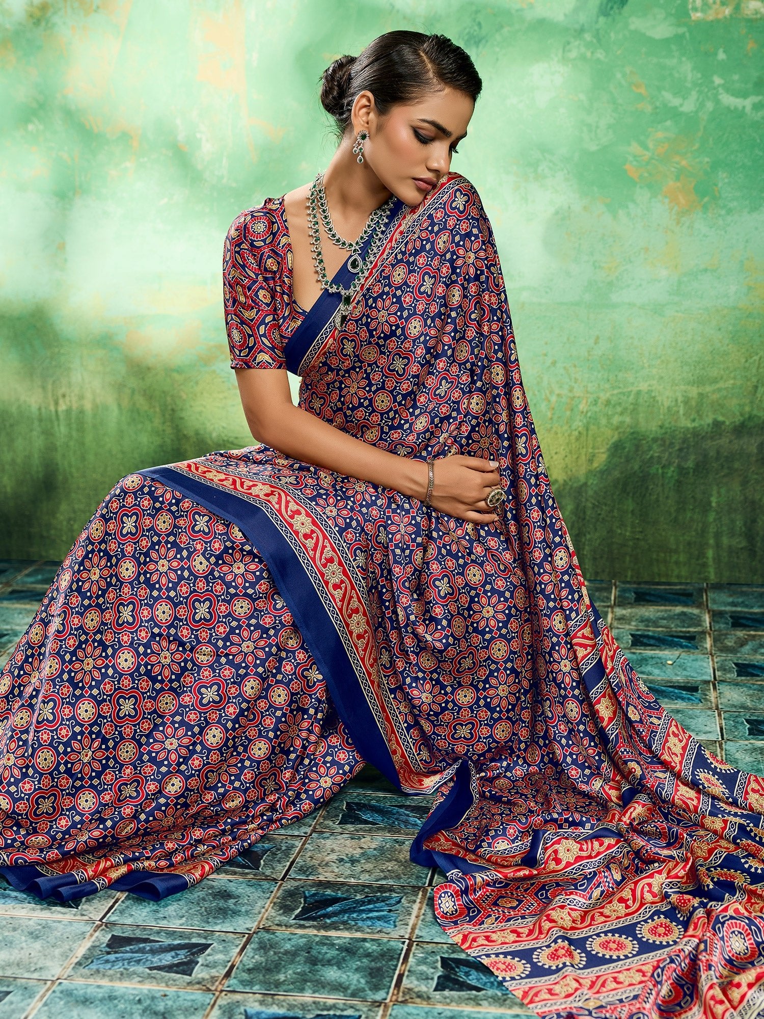 Royal Blue Ajrakh Bolck Print Saree - Ressa