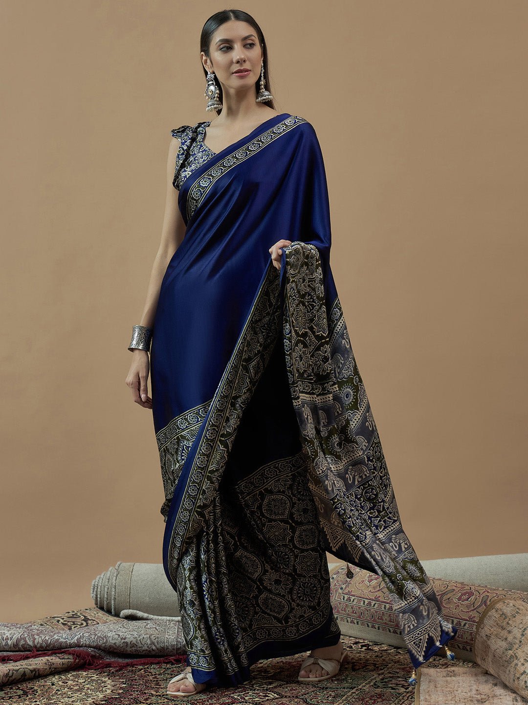 Royal Blue Ajrakh Printed Saree - Ressa