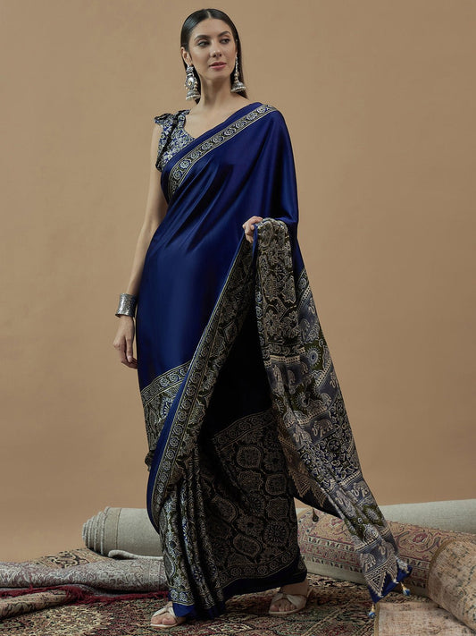 Royal Blue Ajrakh Printed Saree - Ressa