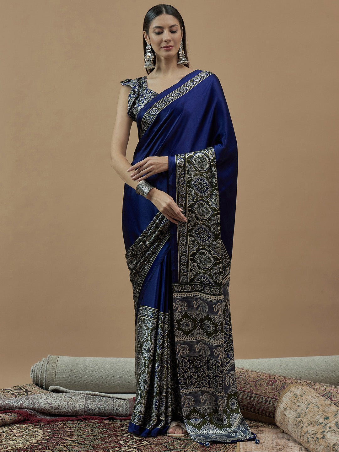 Royal Blue Ajrakh Printed Saree - Ressa