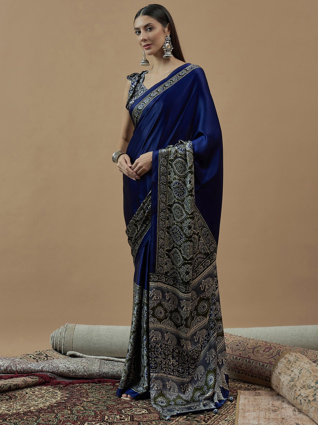 Royal Blue Ajrakh Printed Saree - Ressa