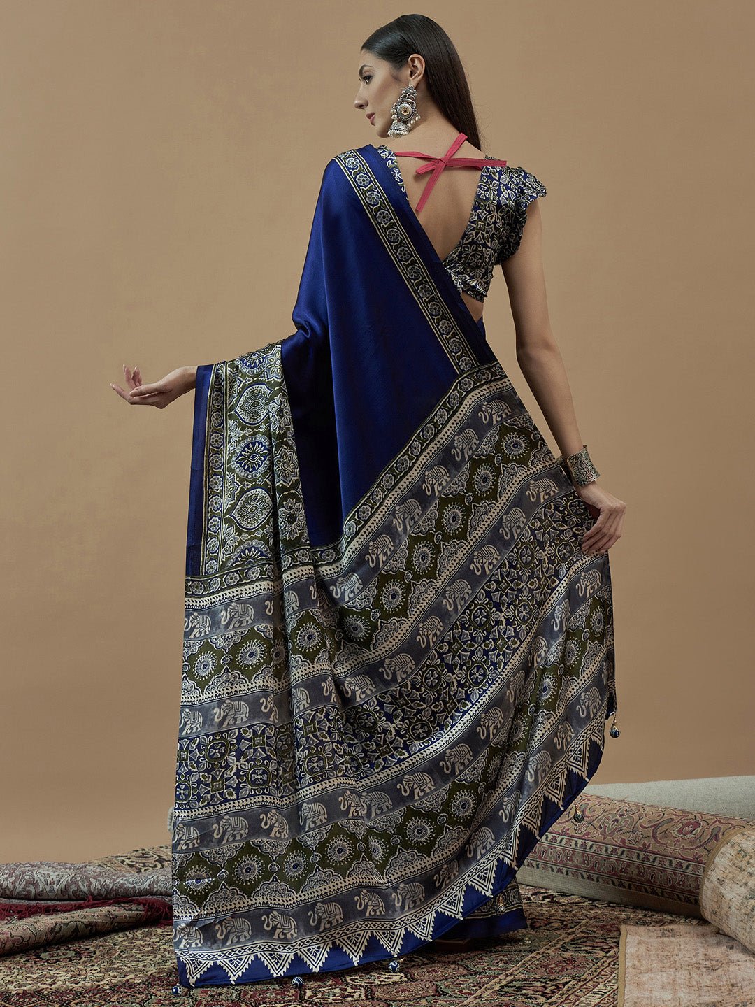 Royal Blue Ajrakh Printed Saree - Ressa