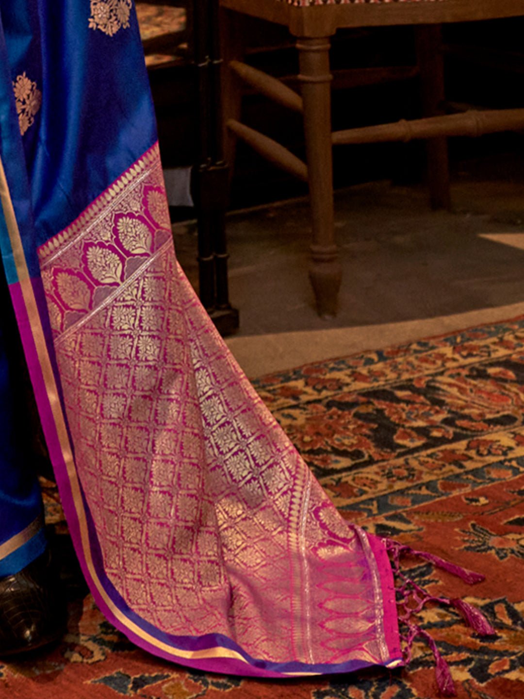 Royal Blue Banarasi Silk Saree with Rani Pink Contrast - Ressa