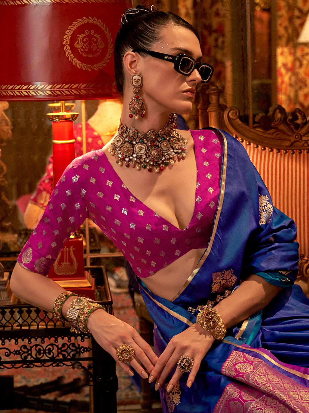 Royal Blue Banarasi Silk Saree with Rani Pink Contrast - Ressa