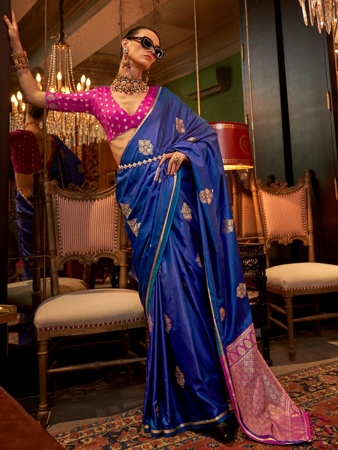Royal Blue Banarasi Silk Saree with Rani Pink Contrast - Ressa