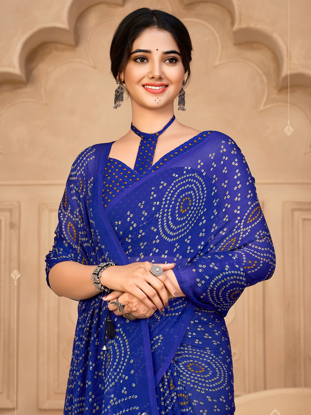 Royal Blue Bandhani Print Georgette Saree - Ressa