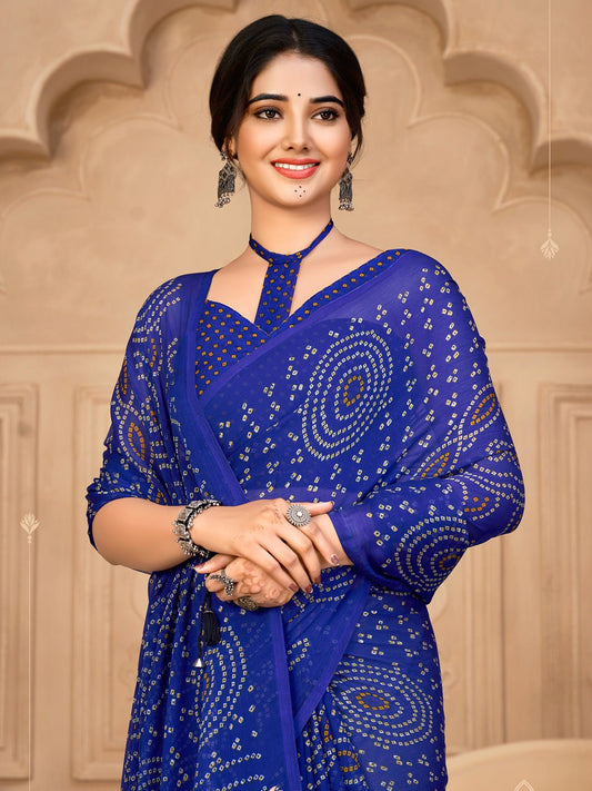 Royal Blue Bandhani Print Georgette Saree - Ressa