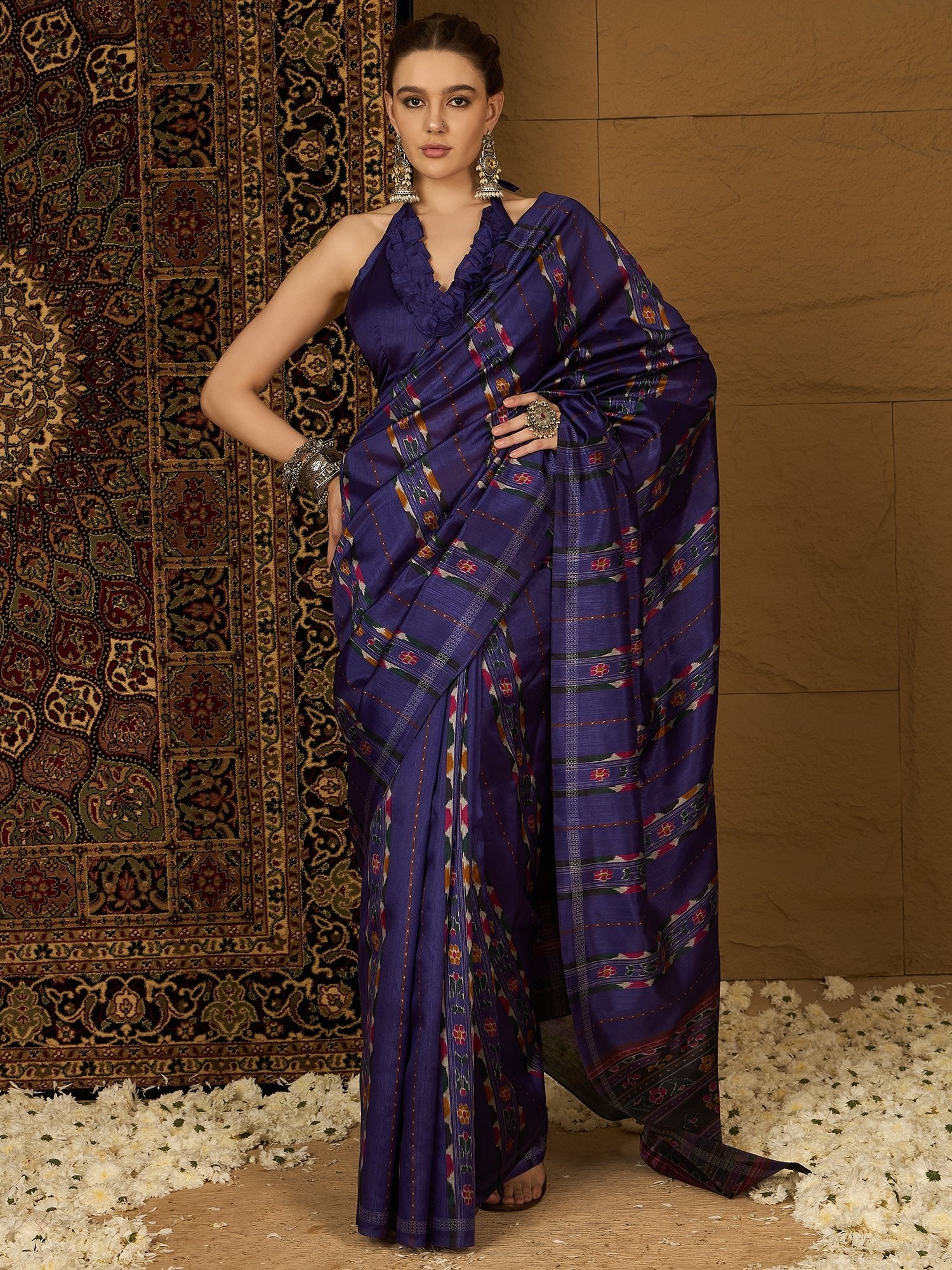 Royal Blue Ikat Bhagalpuri Silk Saree - Ressa