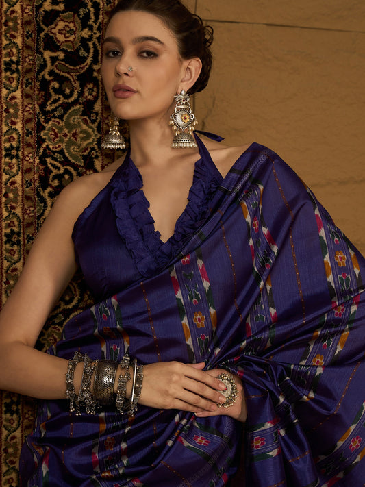 Royal Blue Ikat Bhagalpuri Silk Saree - Ressa