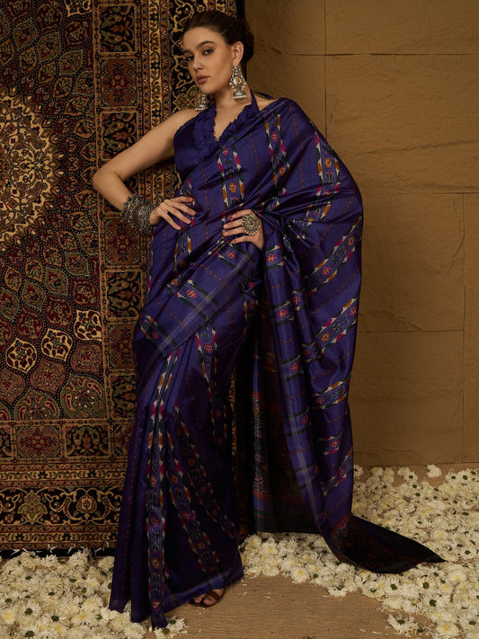 Royal Blue Ikat Bhagalpuri Silk Saree - Ressa