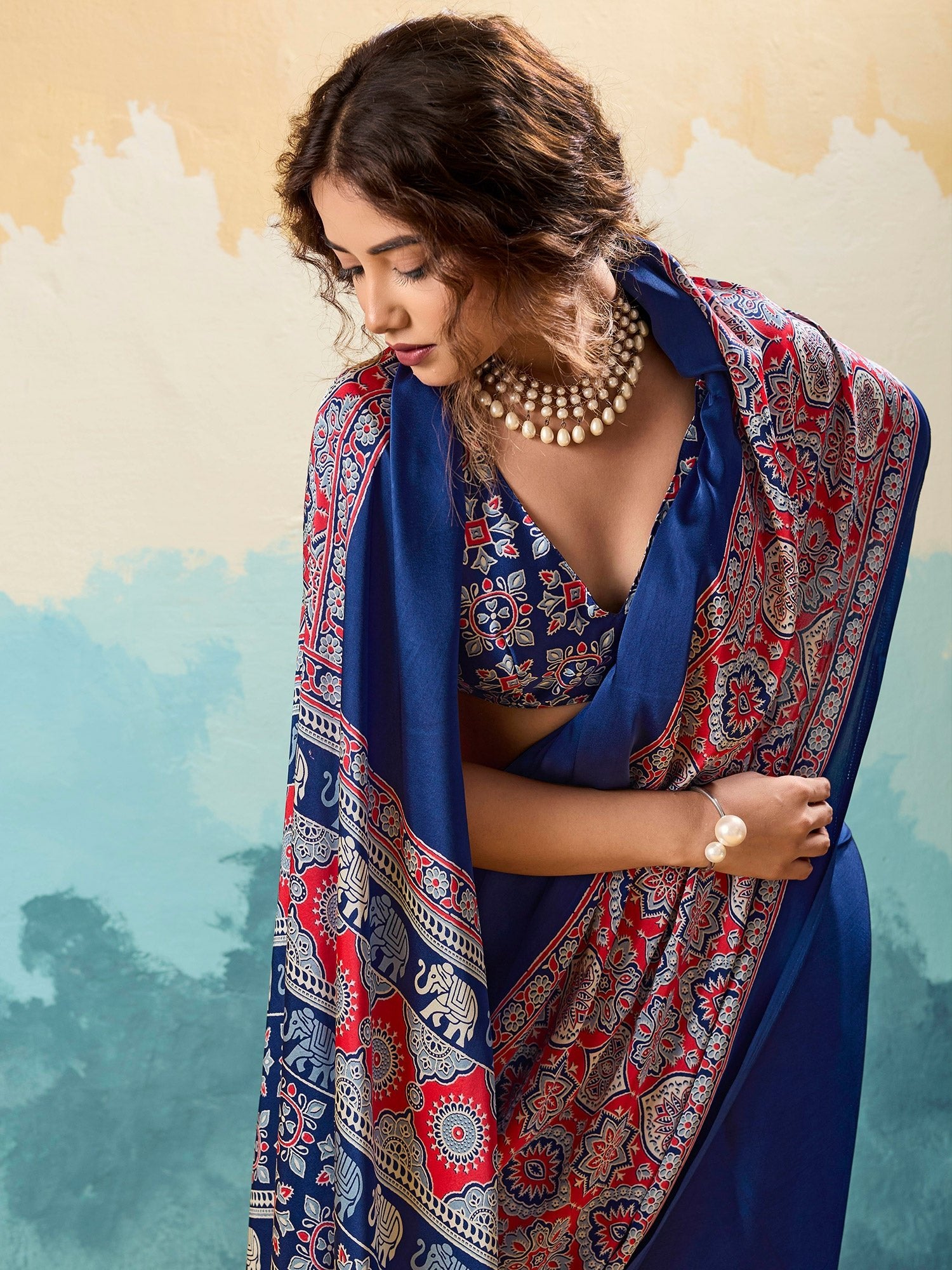 Royal Blue Satin Ajrakh Printed Saree - Ressa