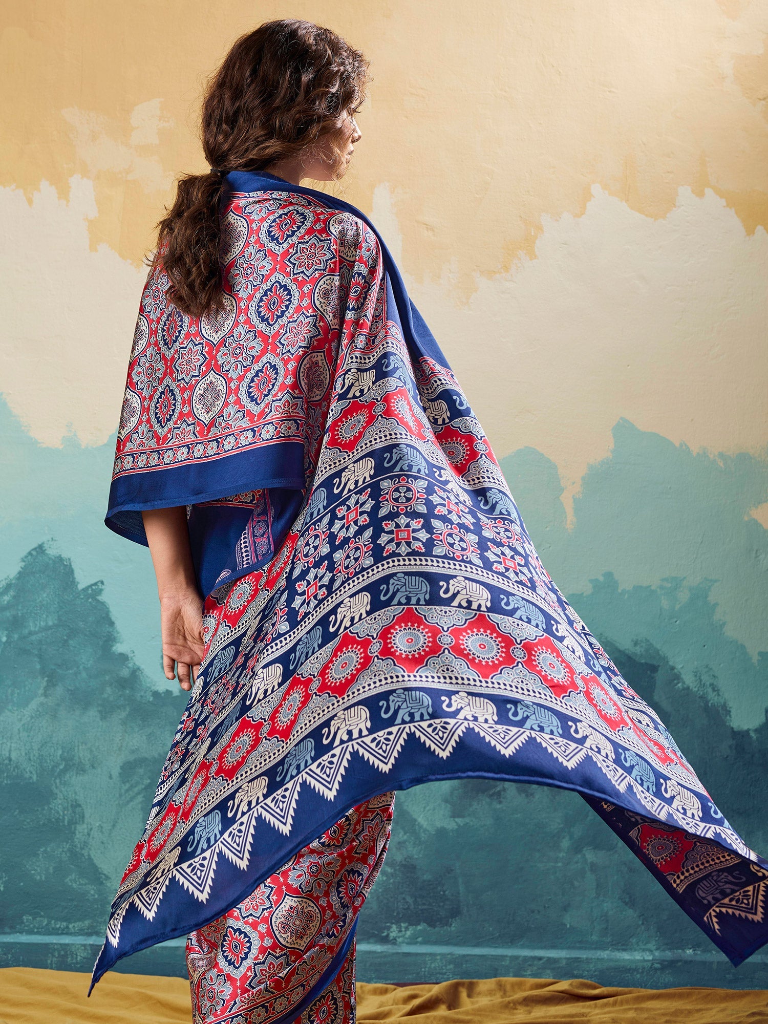 Royal Blue Satin Ajrakh Printed Saree - Ressa
