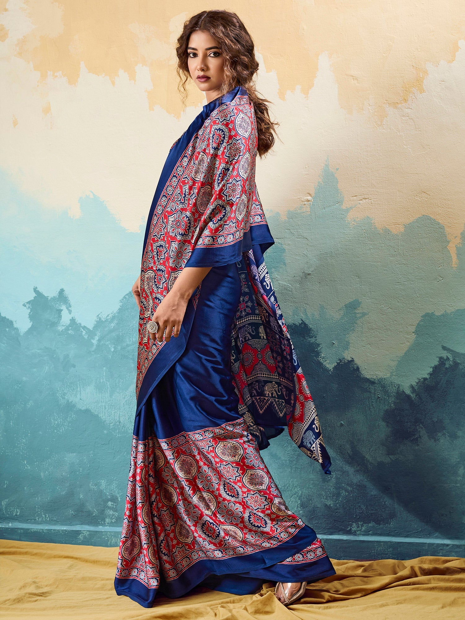 Royal Blue Satin Ajrakh Printed Saree - Ressa
