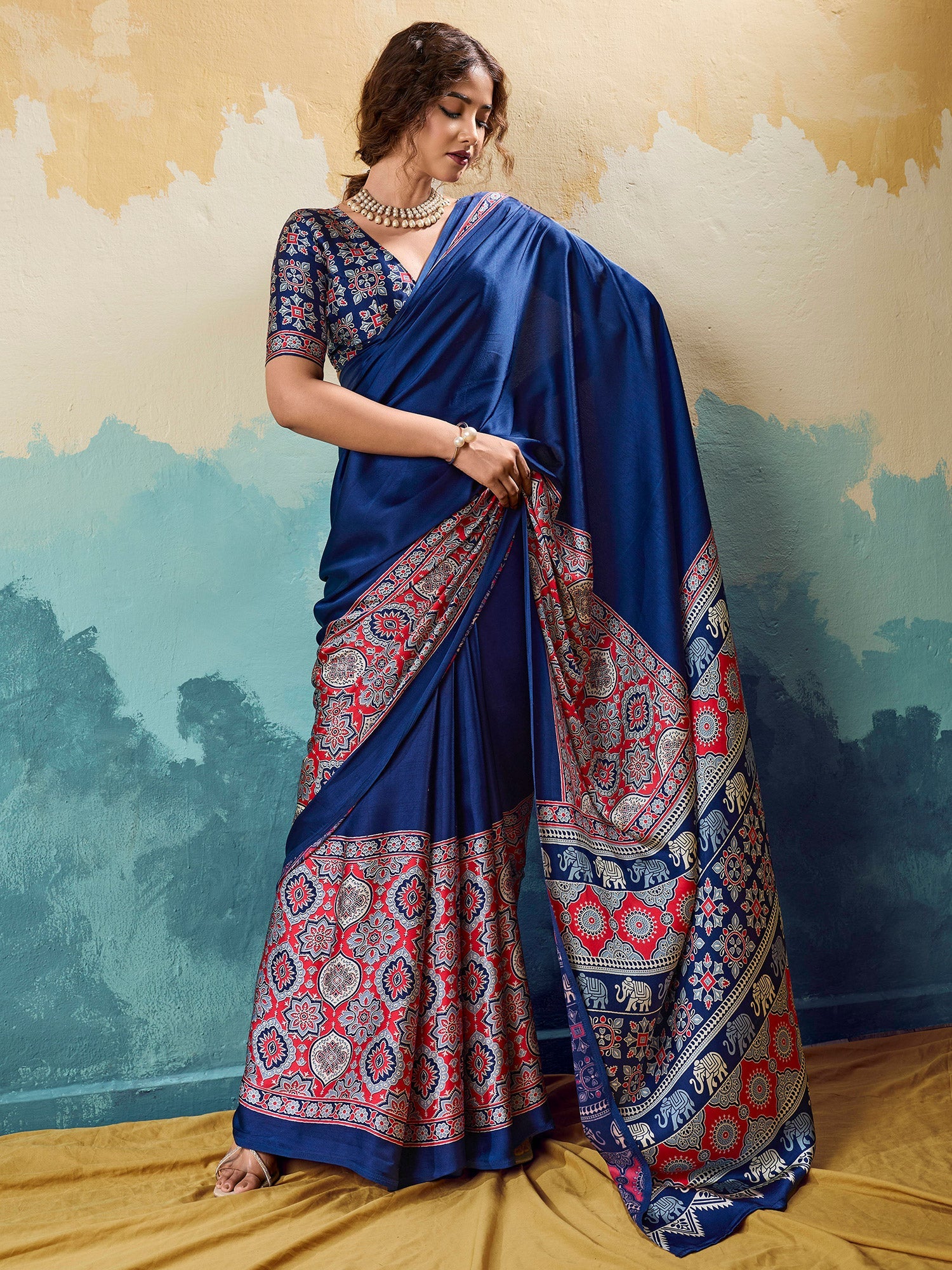 Royal Blue Satin Ajrakh Printed Saree - Ressa