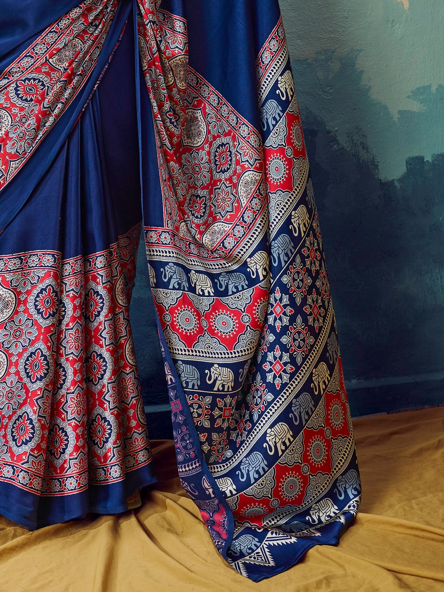 Royal Blue Satin Ajrakh Printed Saree - Ressa