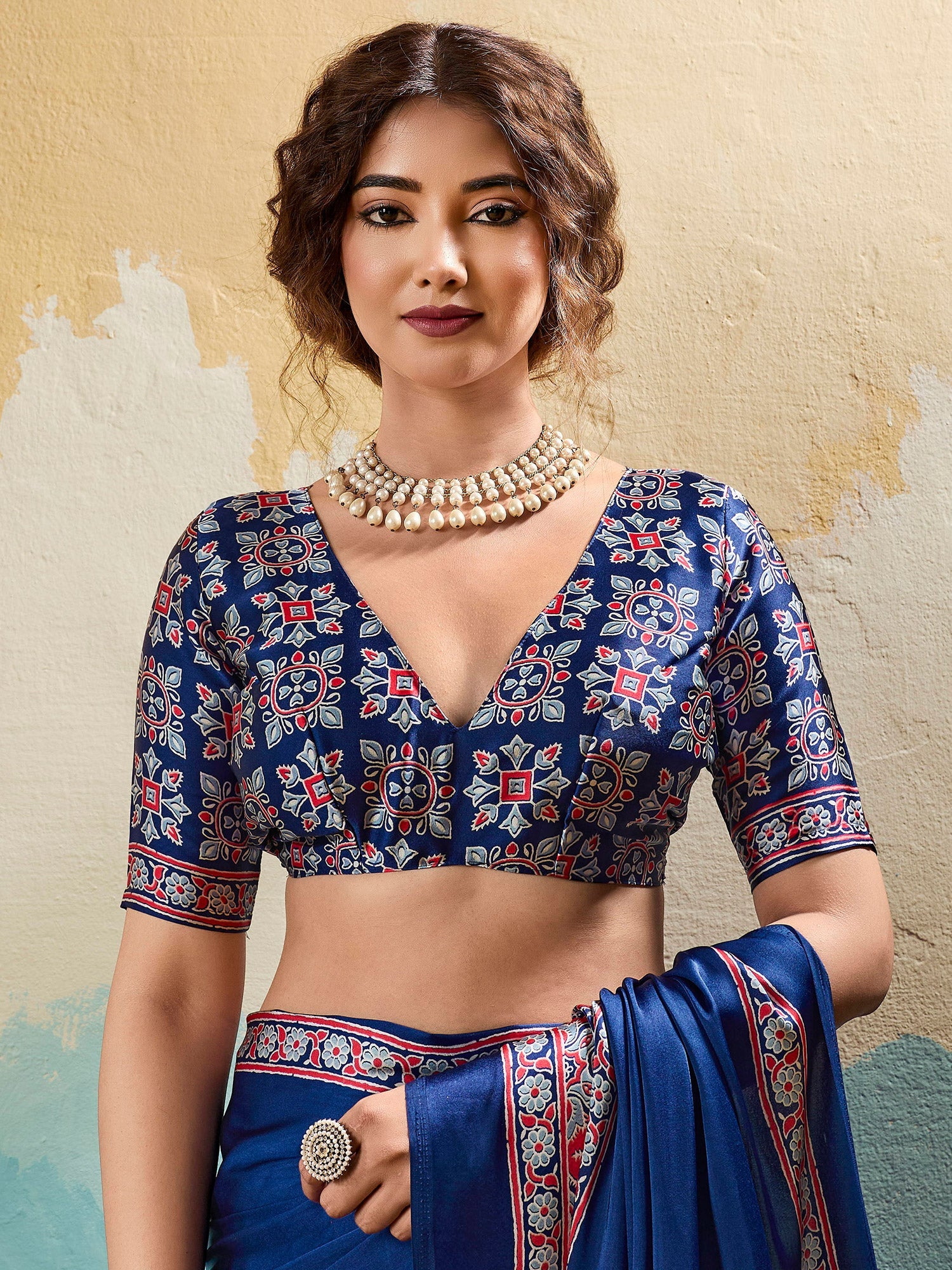 Royal Blue Satin Ajrakh Printed Saree - Ressa