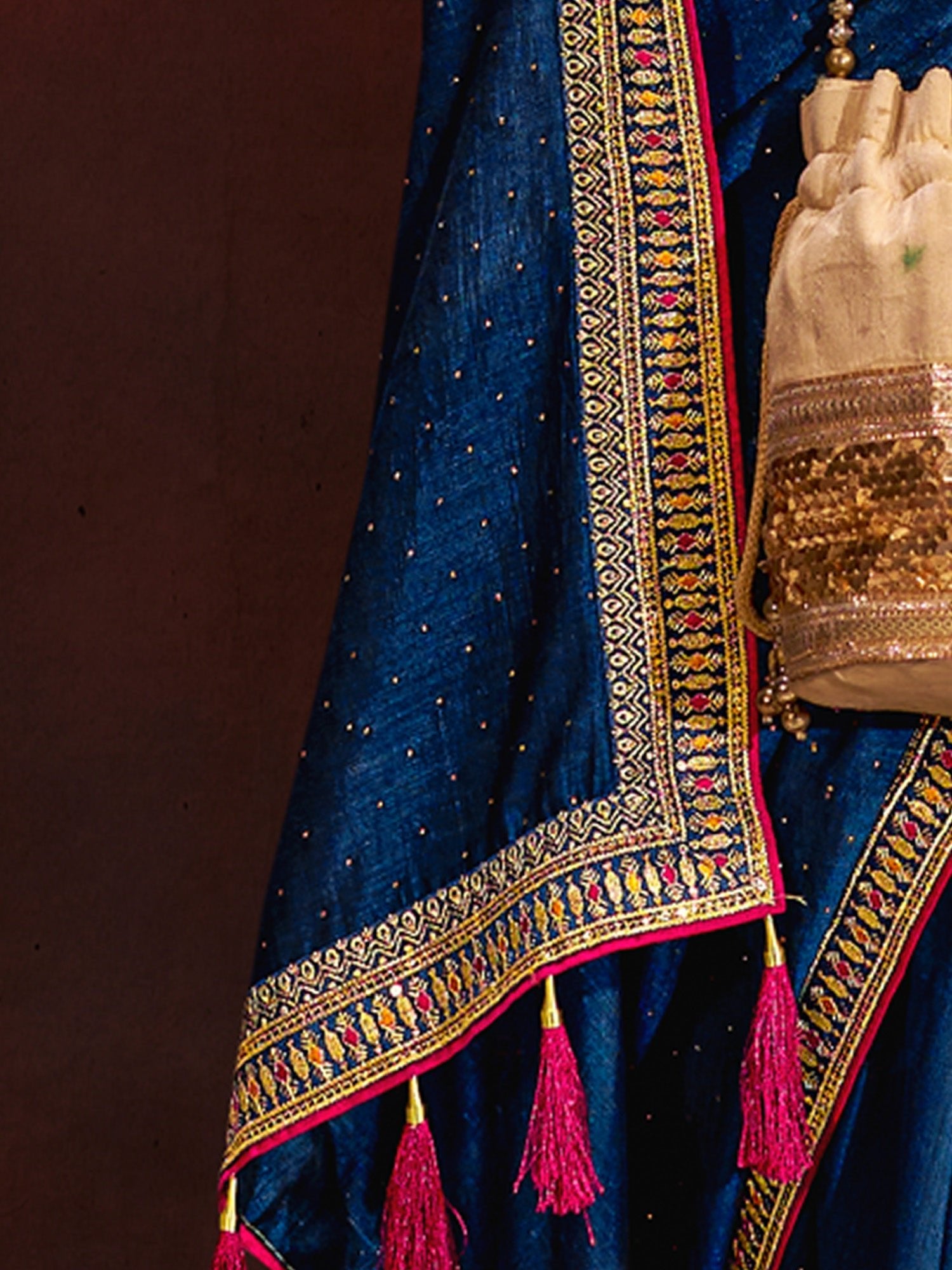 Royal Blue Silk Saree with Embroidered Border - Ressa