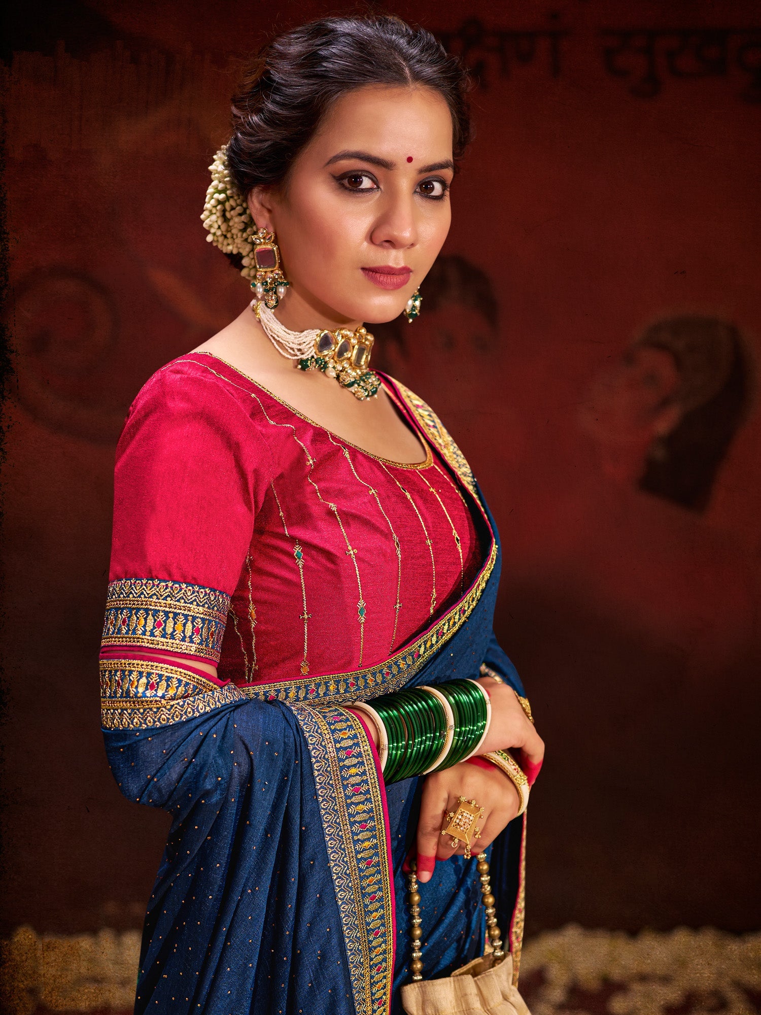 Royal Blue Silk Saree with Embroidered Border - Ressa