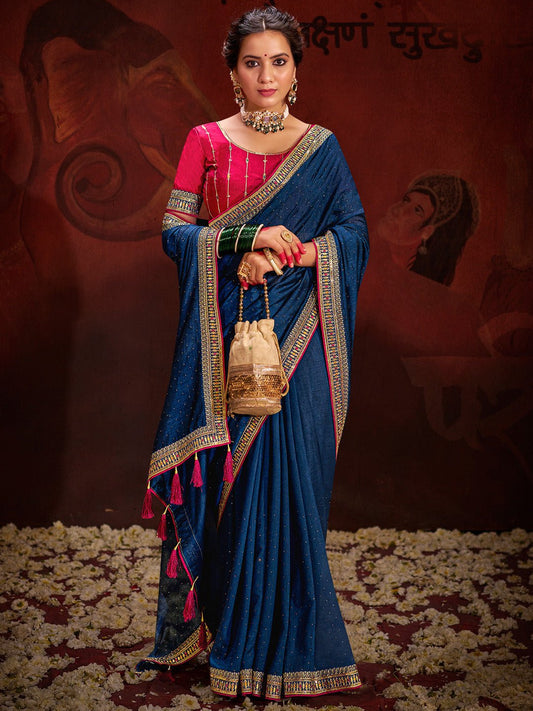 Royal Blue Silk Saree with Embroidered Border - Ressa
